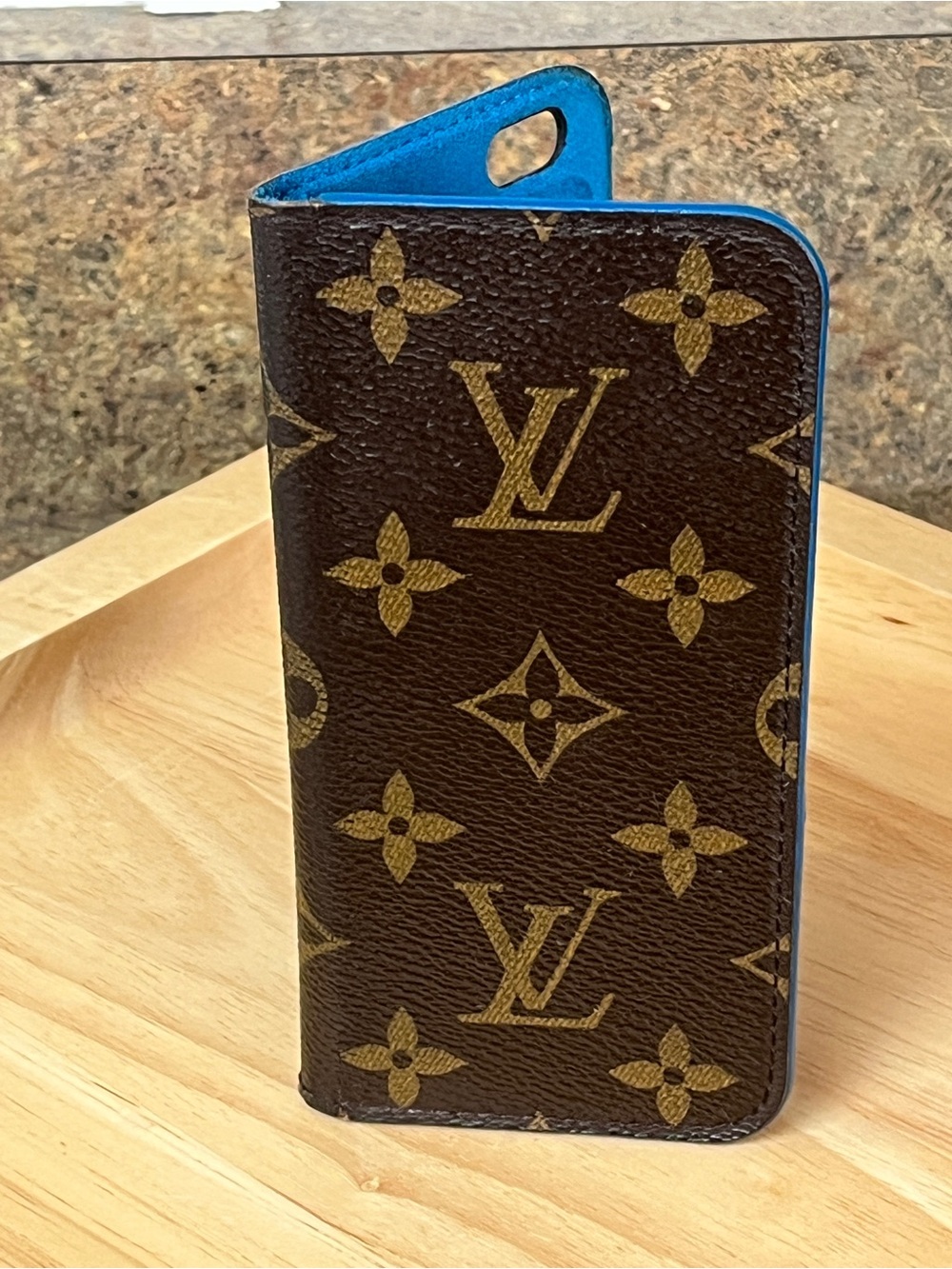Louis Vuitton Brown Monogram Phone Wallet with Blue Interior